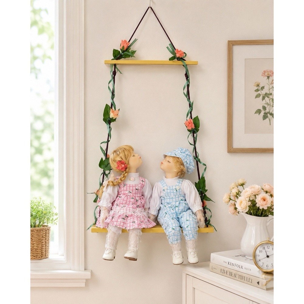 Menie' Porcelain Kissing Couple Dolls on Swing Boy Girl Sweethearts VTG